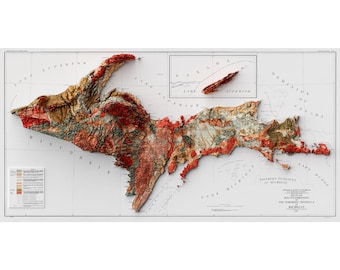 Upper Peninsula of Michigan Geology Map, Topographic Relief Print, Vintage Wall Art, Home and Office Decor