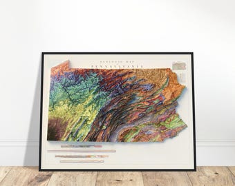 Pennsylvania Geology Map – Topographic Relief Map Art, Vintage Cartography Print, Geology Gift