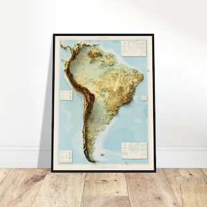 Topografiekaart Zuid-Amerika - gedetailleerd topografisch reliëf - wanddecoratie voor ontdekkingsreizigers of reizigers en geschiedenisliefhebbers