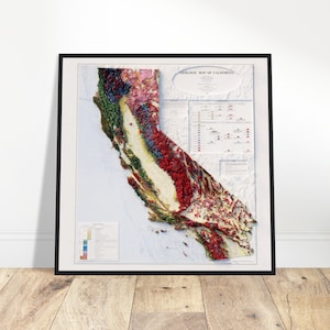 Geologiekaart Californië, kunst aan de muur, topografische kaart, geologiecadeau, vintage decor, reliëfprint poster