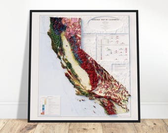 Map of California Geology, Topographic Relief Topo Map Print, Vintage Cartography Decor, Geology Gift