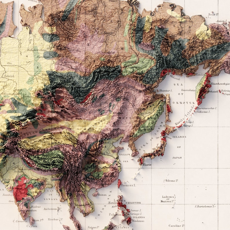 Vintage Geological Map of the Globe - World Atlas Topographic Relief ...
