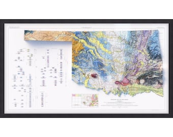 May include: A detailed geological map of Oklahoma, showing the state's diverse rock formations in a 3D relief style. The map is framed in black and includes a legend and a smaller map of the United States showing Oklahoma's location.