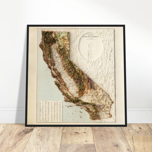 California Land Map – Vintage Topographic Relief Print, Historic Cartography Art, Minimalist Wall Decor, Shaded Terrain Poster