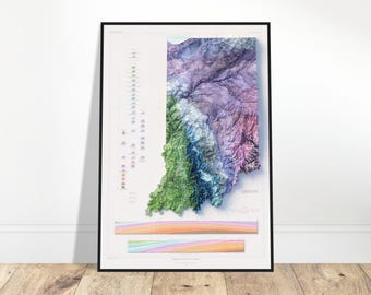 Op de afbeelding: Een kleurrijke topografische kaart van Indiana, die de hoogte en geologische kenmerken van de staat laat zien. De kaart is gedrukt op wit papier en ingelijst in een zwart frame.
