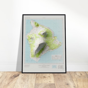 Reliëfkaart eiland Hawaï - topografische kunst, ontdekkingsreiziger vintage muurdecoratie - historische Big Island-afdruk