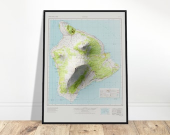 Mapa en relieve de la isla de Hawái: arte topográfico, decoración de pared vintage para exploradores: impresión histórica de la Gran Isla