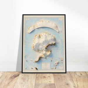 Carte du continent de l'Antarctique - relief topographique détaillé - décoration murale pour les explorateurs et les voyageurs - cadeau pour les passionnés d'histoire