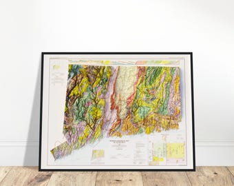 May include: A vintage geological map of Connecticut, framed in black, with a detailed topographic relief and colorful geological formations.