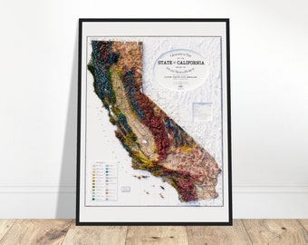 California Geology Map – Topographic Relief Map Art, Vintage Cartography Print, Geology Gift
