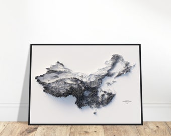 China Elevation Map – Minimalist Black and White Topographic Wall Art, Modern Cartography Print, Shaded Relief Poster