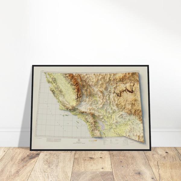 Luchtvaartkaart van Zuid-Californië, op maat weergegeven met hoogtegegevens, kunst aan de muur voor Explorer- en luchtvaartliefhebbers