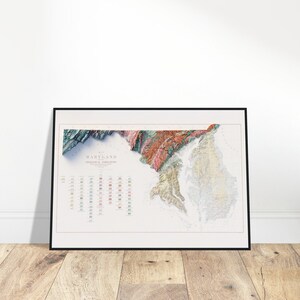 Mapa geológico de Maryland: impresión topográfica detallada, decoración de pared, regalo para exploradores y aficionados a la historia