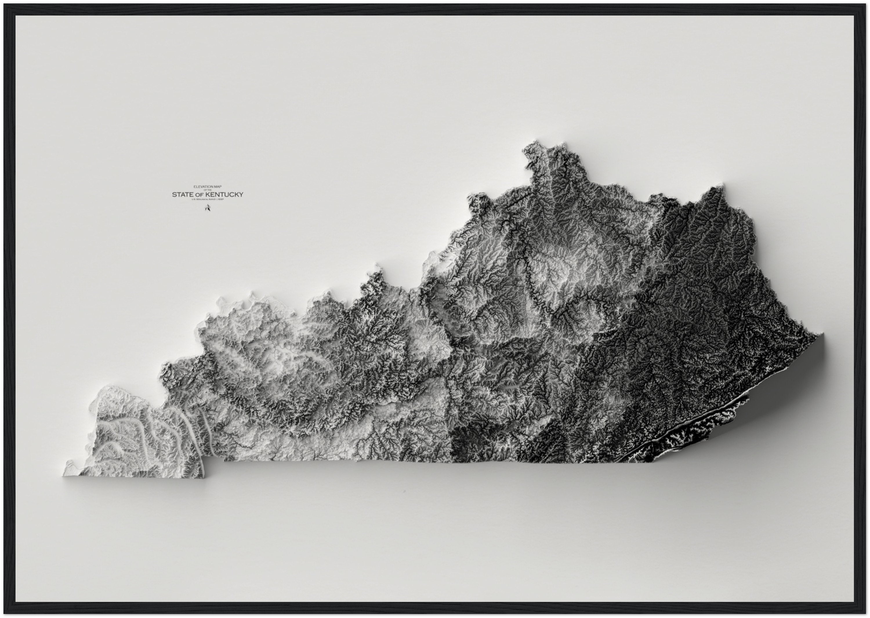 Kentucky Elevation Map - Minimalist Black and White Topographic Wall ...