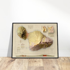 Maui Hawaii Geologie und topographische Reliefkarte - Vintage 1942 Design, detaillierte Sammlerkunst, Geschenkdekor