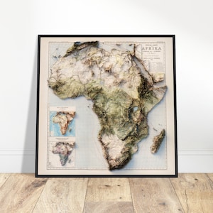 Topografiekaart Afrika - gedetailleerd topografisch reliëf, wanddecoratie voor ontdekkingsreizigers en liefhebbers van geografie, cadeau voor geschiedenisfanaat
