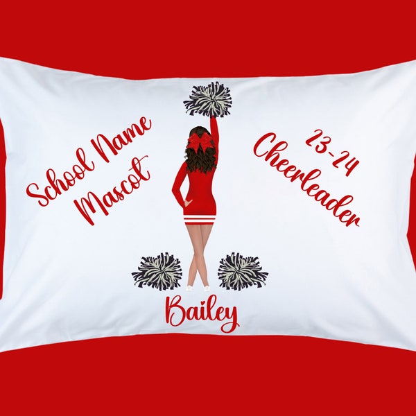 Personalized Cheer Cheerleader Pillowcase.  Choose colors, hair, skin tone, poms & bows.  Many color options | Cheer Gift | Custom cheer