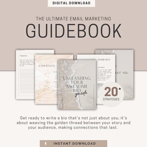 Puede incluir: Una guía digital descargable para el marketing por correo electrónico con un fondo de mármol beige y dorado. El título es "The Ultimate Email Marketing Guidebook". La guía se titula "Unleashing Your Awesome Bio Guide" e incluye más de 20 estrategias para ayudarte a destacar.