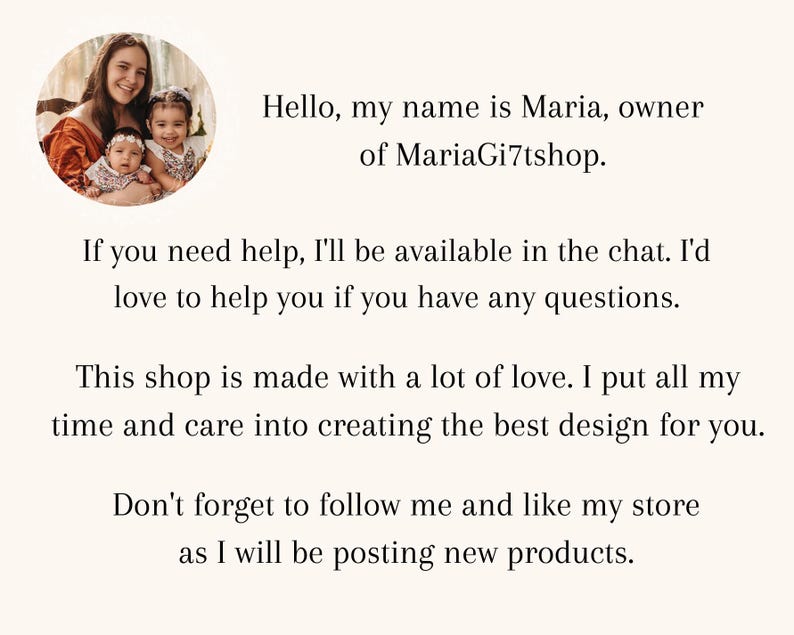 May include: A promotional image with text. The text reads: "Hello, my name is Maria, owner of MariaGi7tshop. If you need help, I'll be available in the chat. I'd love to help you if you have any questions."