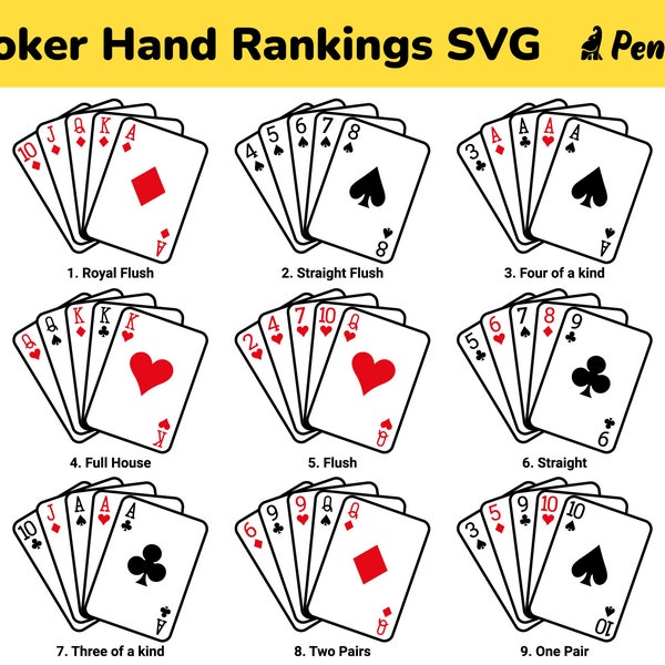Playing Cards Svg, Aces Svg, Poker Cards Svg, Poker Hand Rankings Royal Flush, Full House Cards Clip Art Vector Cut Files Cricut Silhouette
