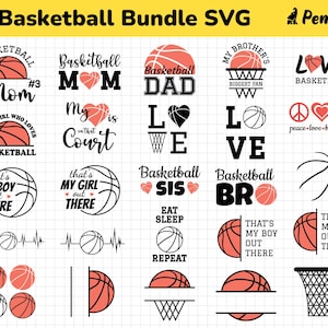 May include: A set of 16 black and white SVG designs featuring basketballs, hearts, and text. The designs include phrases like "Basketball Mom", "Basketball Dad", "Love Basketball", and "Peace Love Basketball".