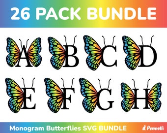 Pakiet SVG Monogramu Motyla, Litery Monogramu SVG, Plik Alfabetu Ramki Monogramu SVG Cięcia dla Cricut, Sylwetka, 26 Indywidualnych, Png, DXF