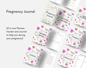 Puede incluir: Un diario de embarazo con un diseño floral. El diario incluye secciones para un planificador de comidas, un rastreador de anidación, listas de verificación, rastreadores y una revelación de género.