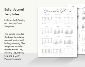 May include: A printable year at a glance calendar template with a black and white design. The calendar includes months from January to December. The text "Year at a Glance" is written in cursive at the top of the page.