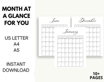 Month at a GlancePDF-Monthly Tracker ,Minimalist, black and white. Track projects, goals, birthdays,anniversaries,events,current projects