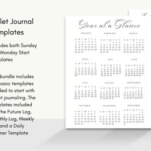 May include: White bullet journal templates with a yearly calendar layout. The templates include future log, monthly log, weekly log, and daily planner templates. Text on the image reads "Bullet Journal Templates".