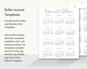 May include: White bullet journal templates with a yearly calendar layout. The templates include future log, monthly log, weekly log, and daily planner templates. Text on the image reads "Bullet Journal Templates".