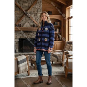 May include: A navy blue and dark blue horizontal striped zip-up cardigan featuring a high collar, long sleeves, and multiple circular embroidered patches on the front. The garment is paired with blue denim jeans and brown leather ankle boots.