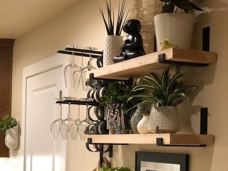 Wood Floating Shelf With Brackets for Kitchen Wall Etsy