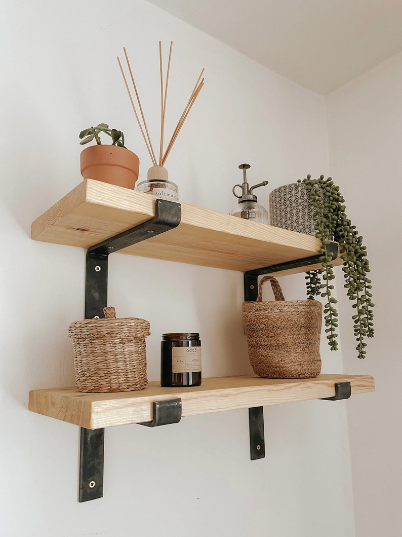 Wood Floating Shelf With Brackets for Kitchen Wall Etsy