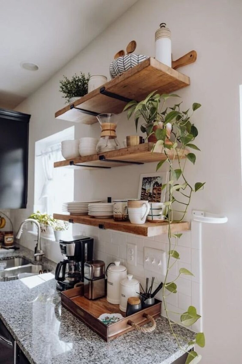 Wood Floating Shelf With Brackets for Kitchen Wall Etsy