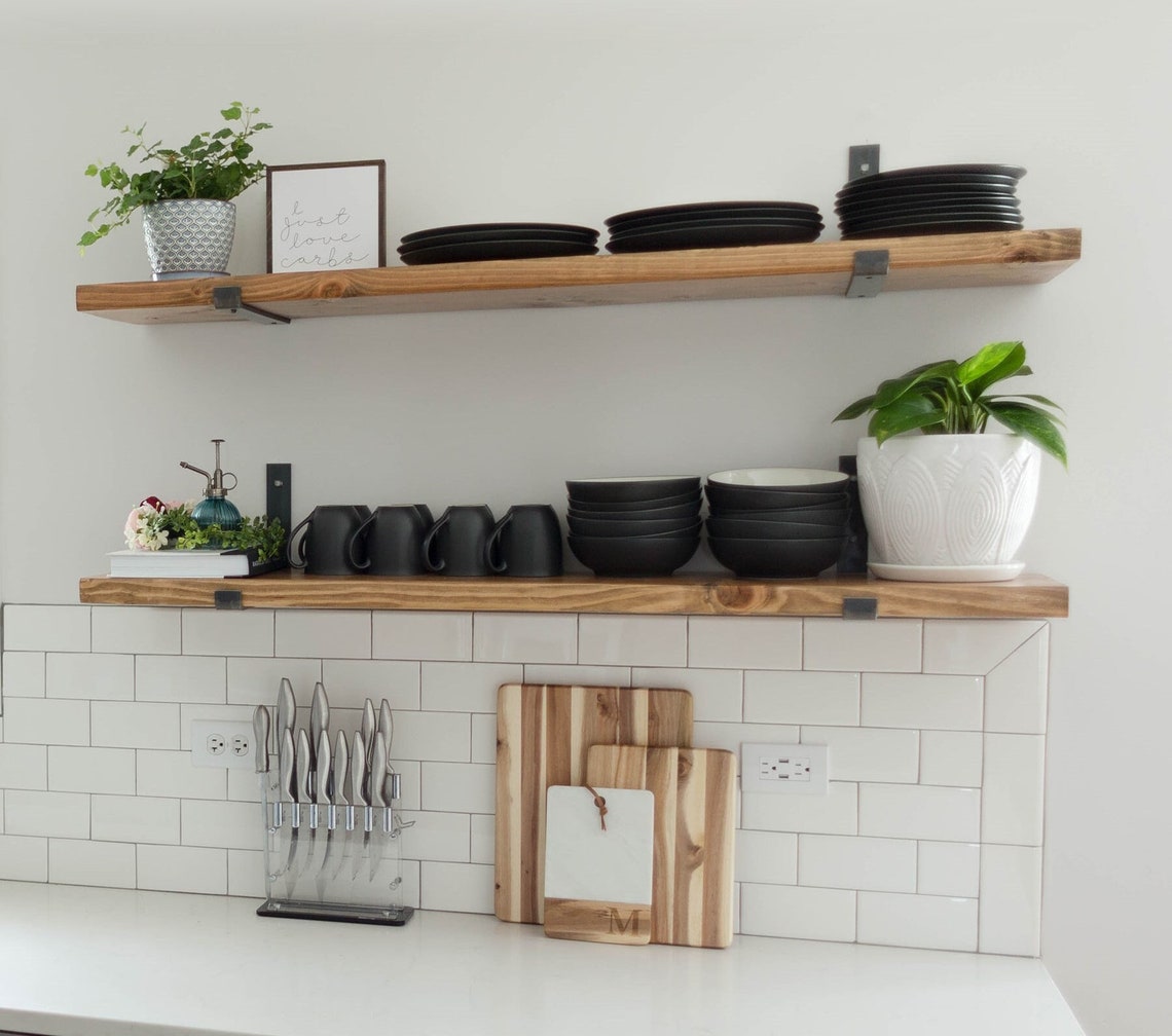 Wood Floating Shelf With Brackets for Kitchen Wall Etsy