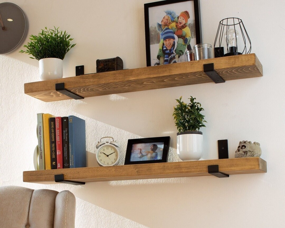 Wood Floating Shelf With Brackets for Kitchen Wall Etsy