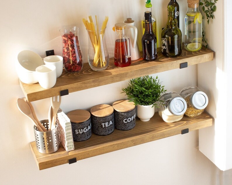 Wood Floating Shelf With Brackets for Kitchen Wall Etsy