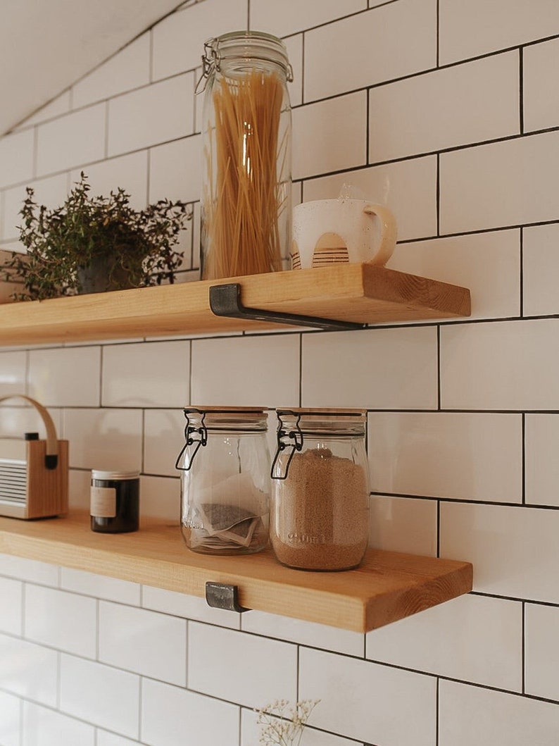 Wood Floating Shelf With Brackets for Kitchen Wall Etsy