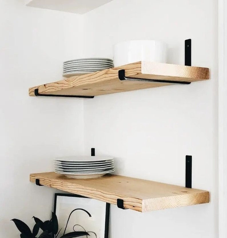 Wood Floating Shelf With Brackets for Kitchen Wall Etsy
