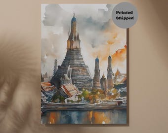 Thai Temple Art Print (Unframed) - Thailand Art Bangkok Temple of Dawn Wat Arun in Watercolor Painting | Gifts Home Decor Wall Art Poster