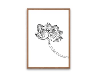 Minimal Line Drawing Art, Minimalist Thailand Bangkok Thai Art Wall Home Decor, Flower Print Poster, Modern Line Art, Unframed, Lotus