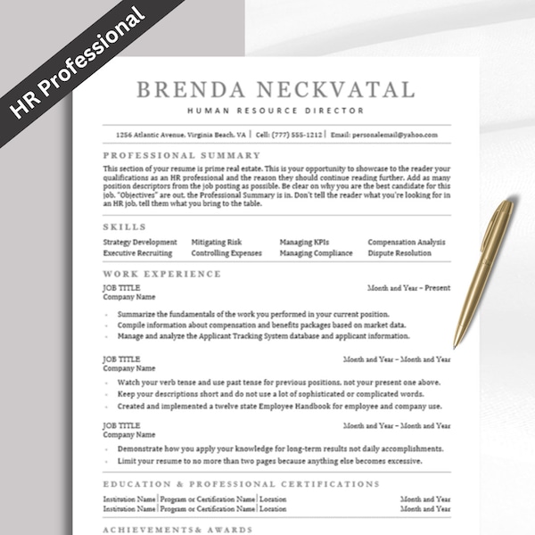 Human Resource Resume Templates ATS,  Professional HR Resume Template Word, Human Resources Resume ATS Template Digital Download