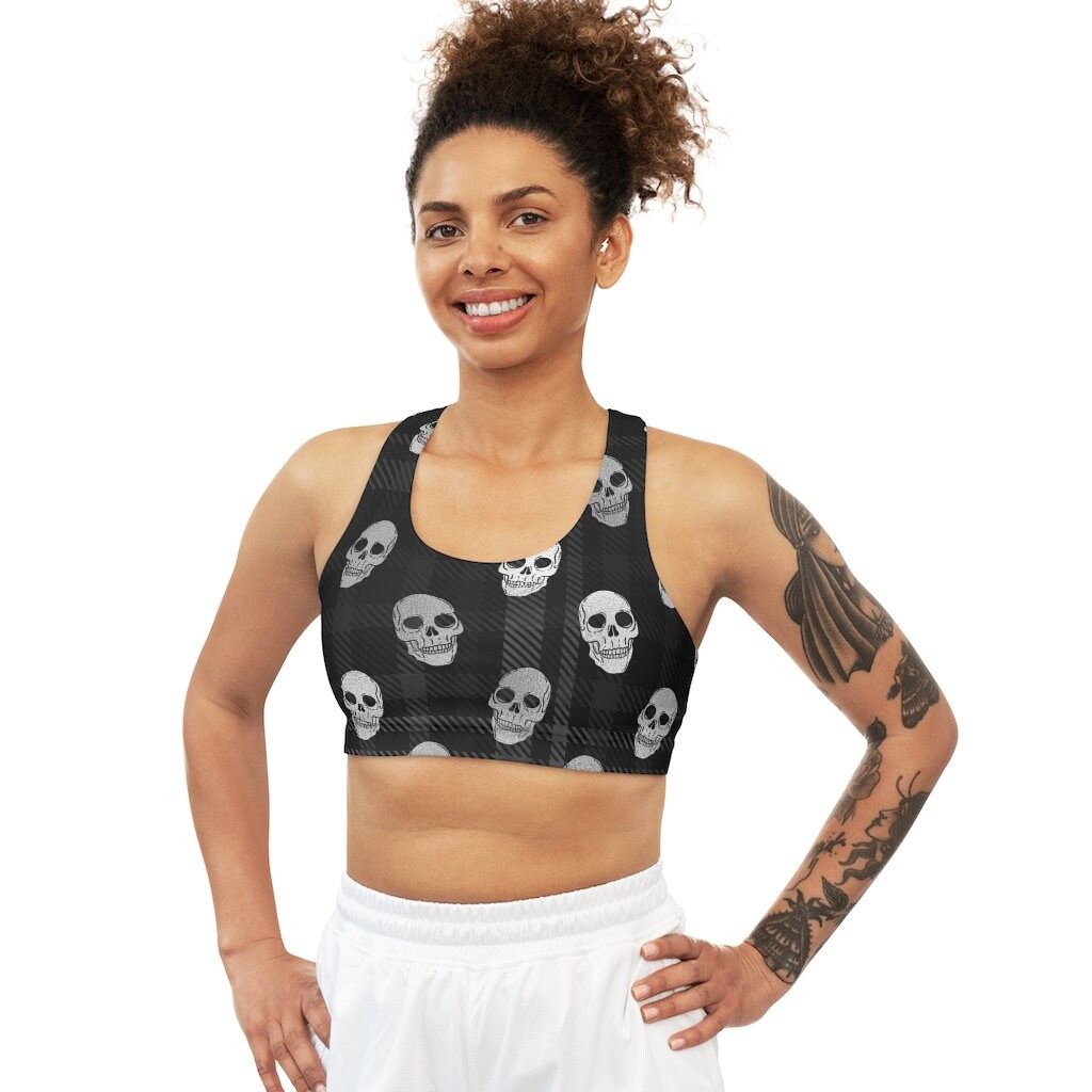 Skull Workout Sports Bra , Halloween Sports Bra, Spooky Halloween Top,  Halloween Yoga Top, Halloween Workout Tank sold by  Black-And-White_Meteorite, SKU 58371015