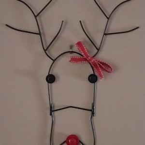 Reindeer brown with red nose hanging wreath upcycled fence wire welded metal art decor hunting man cave game room gift nut bolt art