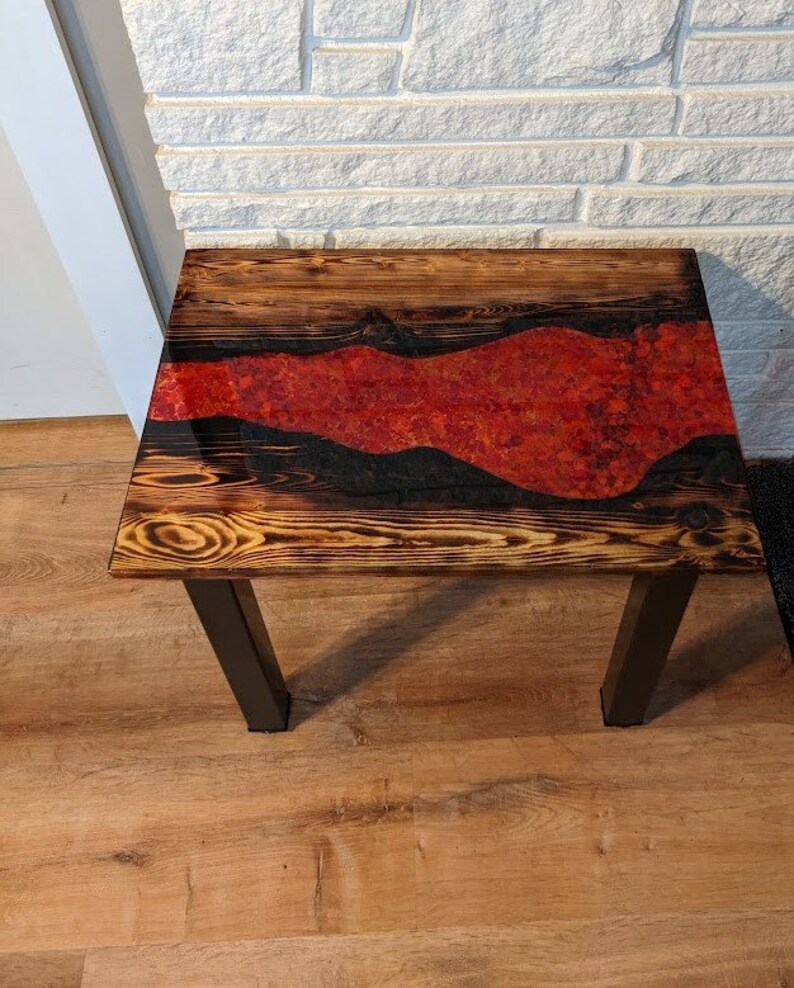 Epoxy Resin & Glass River Table, Custom, Hand Made, Burned Wood, End