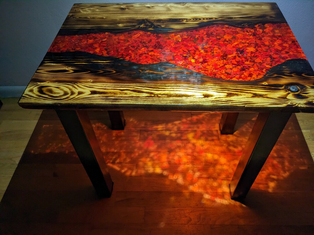 Epoxy Resin & Glass River Table, Custom, Hand Made, Burned Wood, End