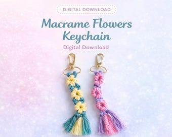 Schema per portachiavi a forma di fiore in macramè / Download digitale Video tutorial e PDF / Schema per portachiavi in macramè