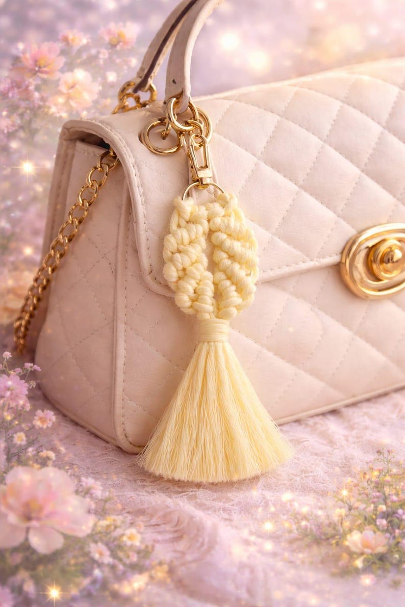 May include: A cream-coloured macrame bag charm featuring a knotted design and a long tassel, attached to a gold-tone metal lobster clasp. The charm hangs from the gold-tone chain and hardware of a quilted, light beige handbag with a gold-tone clasp.