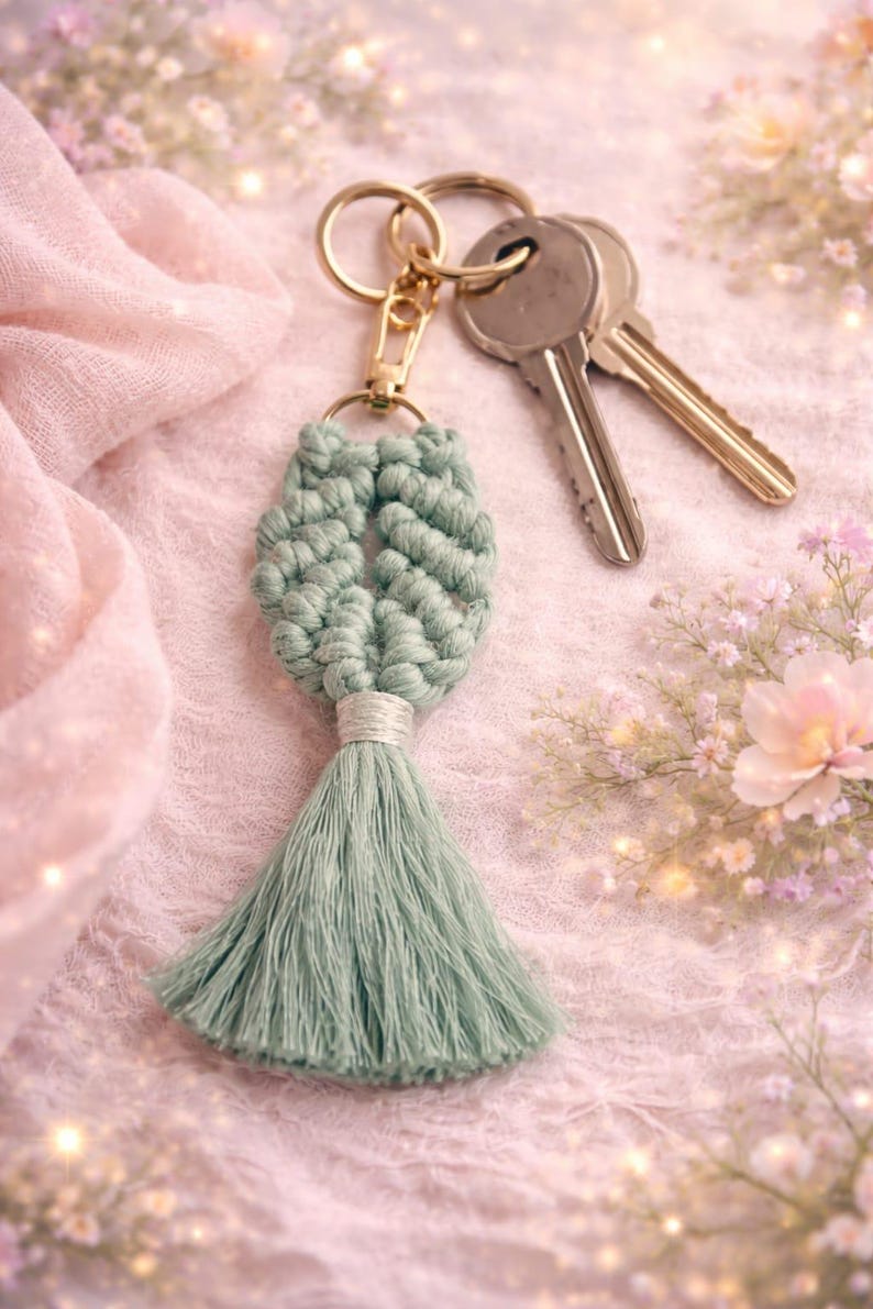May include: A sage green macrame keyring featuring a knotted leaf-shaped design attached to a gold-toned metal lobster clasp and split ring. Two silver-toned metal keys are attached to the ring, and a long, straight tassel hangs from the bottom.
